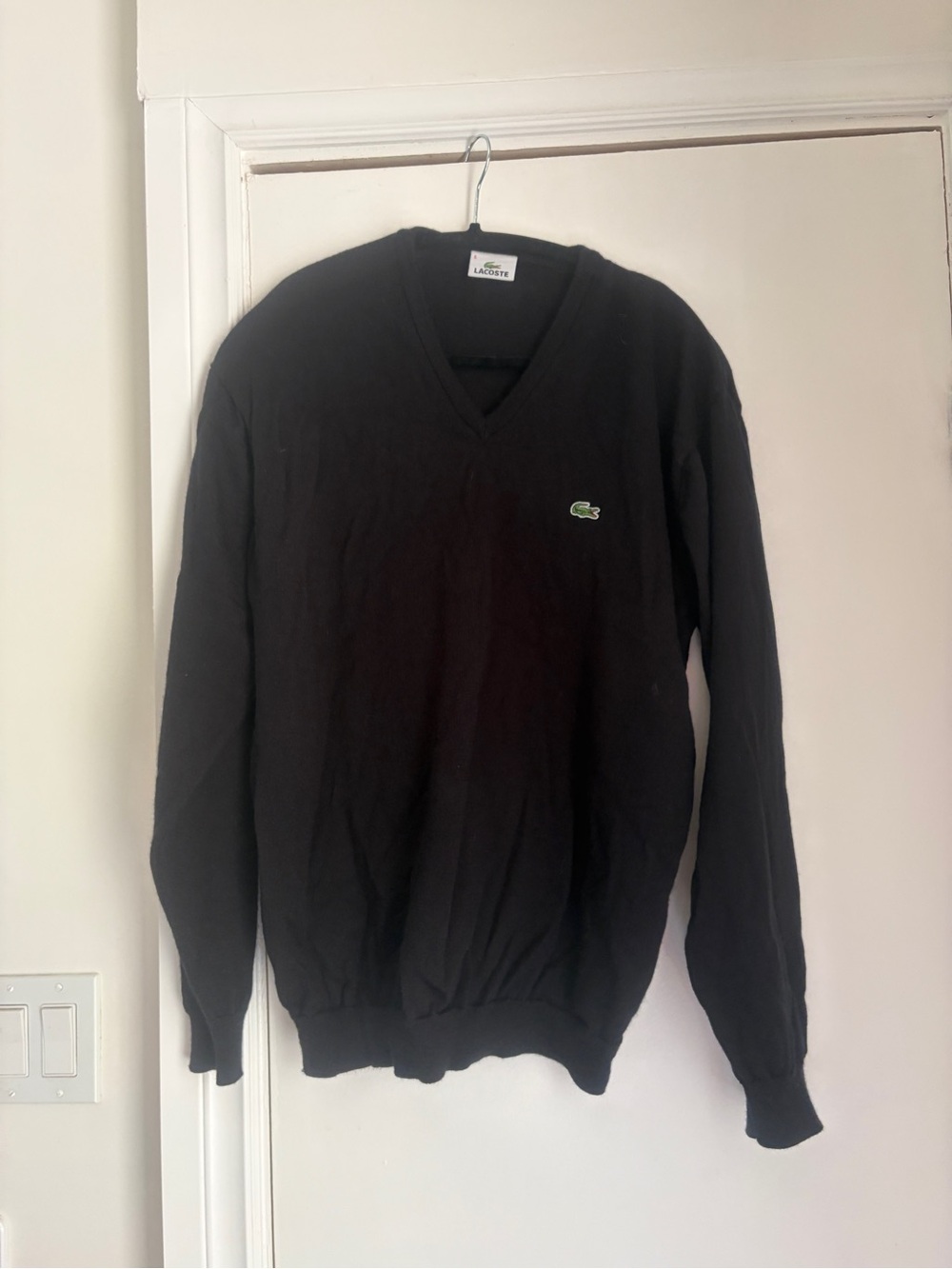 Vintage Wool Lacoste Men's Black V-Neck Sweater with Green Crocodile Logo
